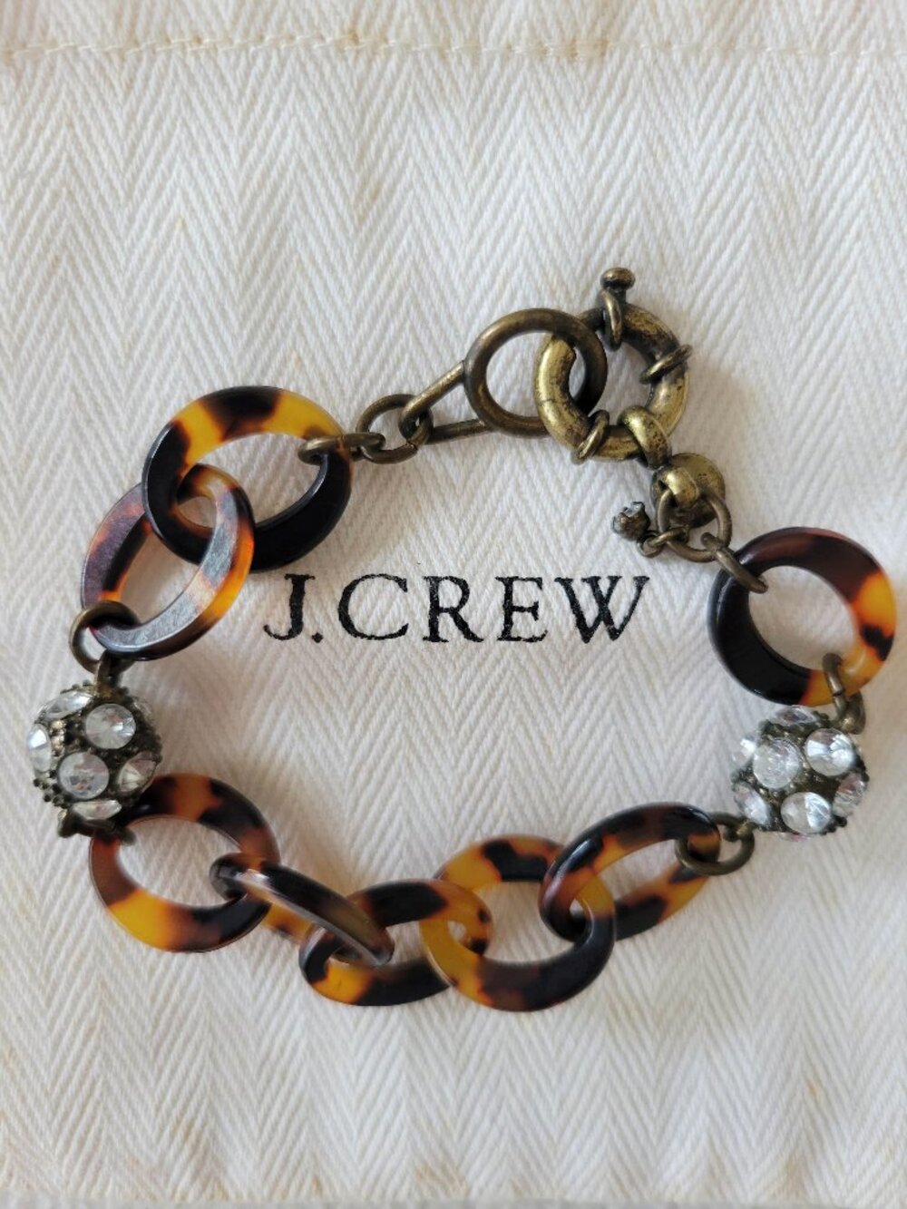 VTG J.Crew Tortoise Bracelet Oval Chain Links Crystals Disco Ball